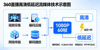 360直播高清低延迟流媒体技术示意图 - 显示1080P 60帧和低延迟图标